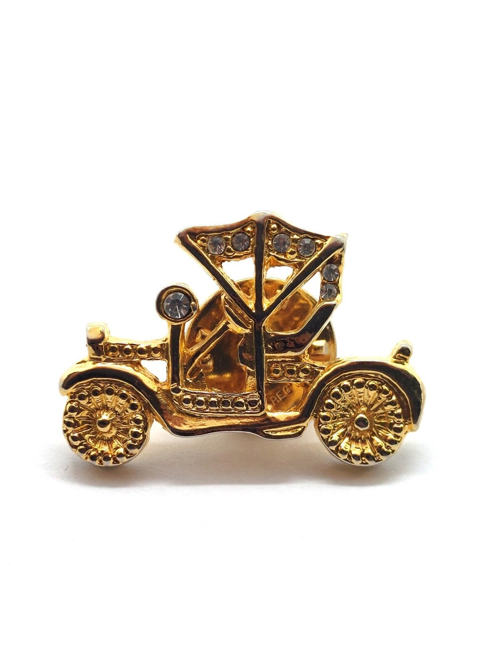 Vintage Carriage Car Pin Gold Rhinestone Automobile Classic Collector Brooch